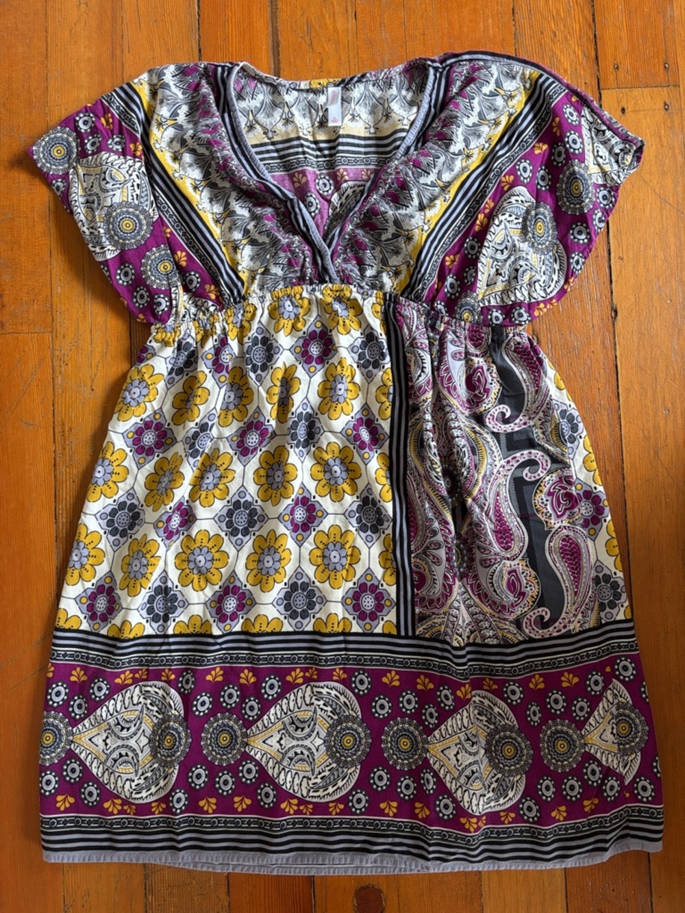 Xhilaration Purple Yellow Black Mixed Print V-Neck Tunic